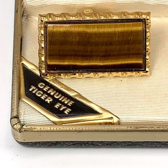 VINTAGE SENATOR Tiger's Eye Cufflinks and Tie Pin Set in Original Box! - Picture 2 of 7